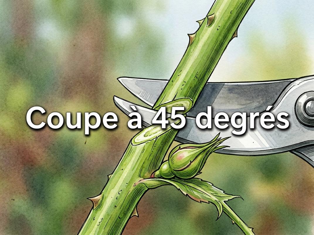 Technique de coupe en biais au-dessus d'un œil sur une tige de rosier