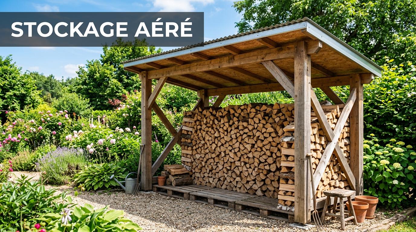 Abri en bois ouvert avec bûches empilées sur palettes dans un jardin ensoleillé, incluant le texte Stockage Aéré en blanc.