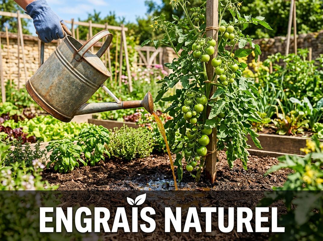 Arrosoir vintage versant un engrais naturel ambré au pied d'un plant de tomates vertes avec l'inscription Engrais Naturel.