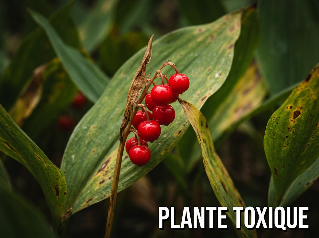 Gros plan macro sur les baies rouges d'un muguet mature avec l'avertissement PLANTE TOXIQUE écrit en lettres capitales.