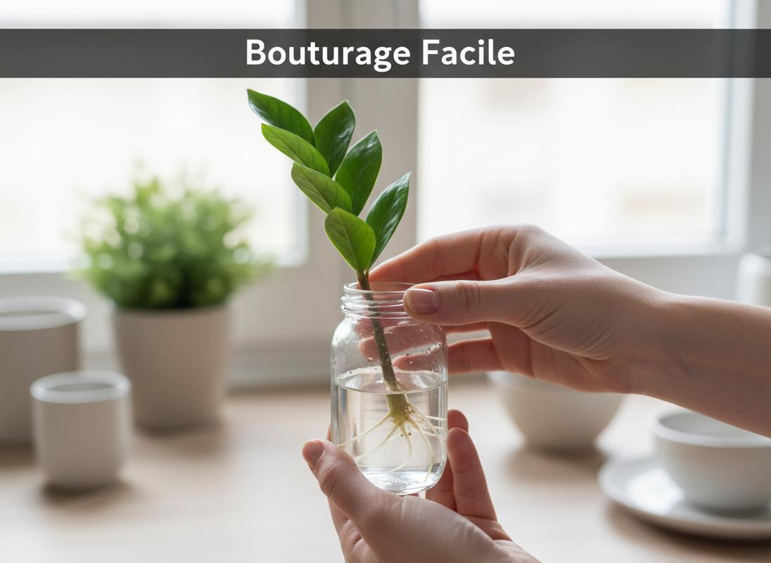 Mains tenant un bocal en verre contenant une bouture de feuille de plante ZZ avec de jeunes racines blanches, texte 'Bouturage Facile' en superposition.