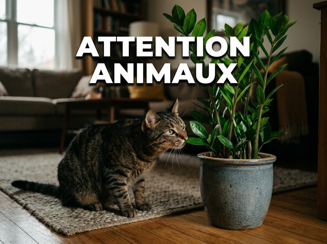 Chat tigré curieux reniflant les feuilles d'une plante ZZ avec l'inscription textuelle Attention Animaux en gras.