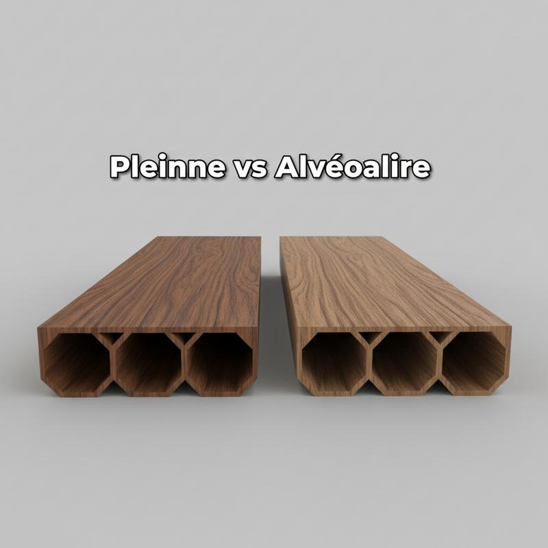 Coupe transversale 3D comparant une lame de terrasse en bois composite pleine et une lame alvéolaire avec l'inscription Pleine vs Alvéolaire.
