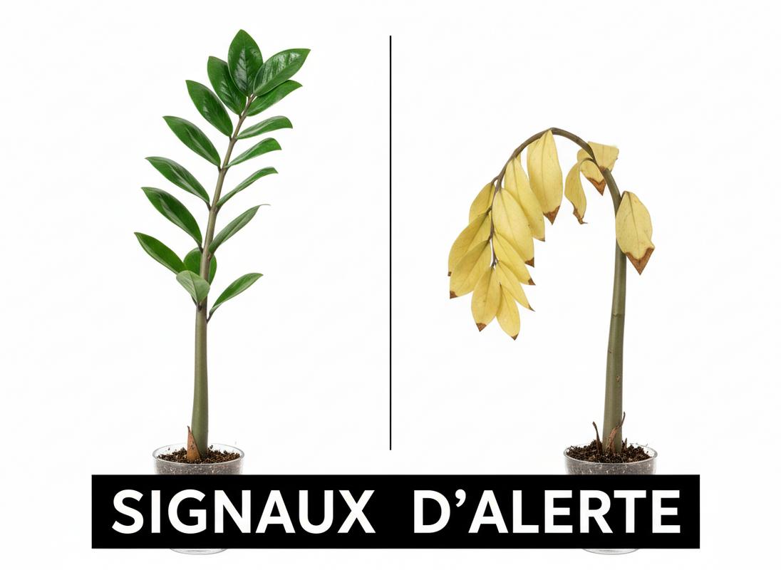 Tige de Zamioculcas avec feuilles vertes saines à côté d'une tige aux feuilles jaunies et flétries sur fond blanc avec texte avertissement.