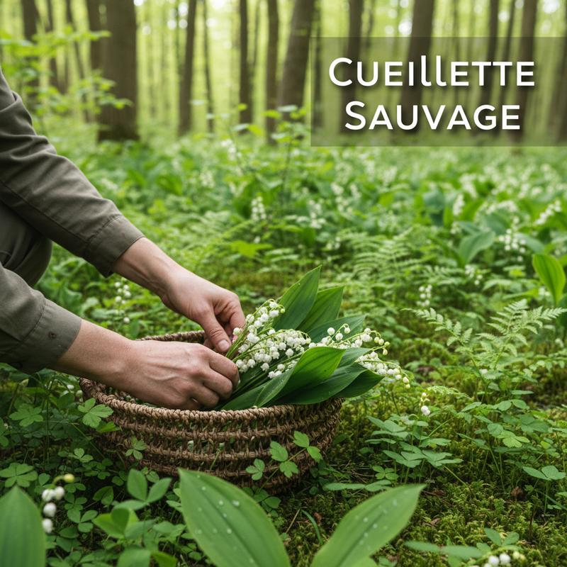 Mains d'un jardinier récoltant du muguet sauvage aux clochettes blanches dans un panier en osier en forêt, avec le texte 'Cueillette Sauvage'.