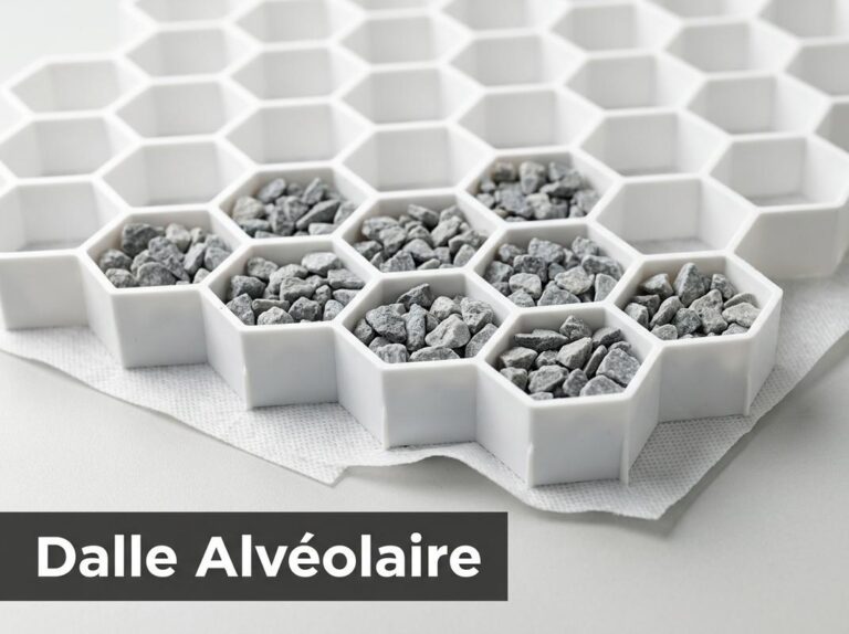 Gros plan macro d'une dalle alvéolaire blanche avec géotextile et gravier gris, surmontée du texte 'Dalle Alvéolaire' sur un bandeau sombre.
