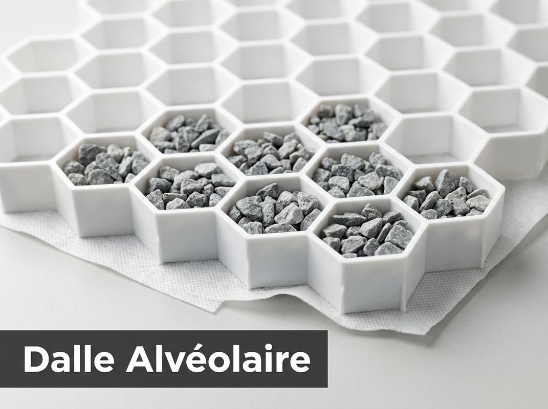 Gros plan macro d'une dalle alvéolaire blanche avec géotextile et gravier gris, surmontée du texte 'Dalle Alvéolaire' sur un bandeau sombre.