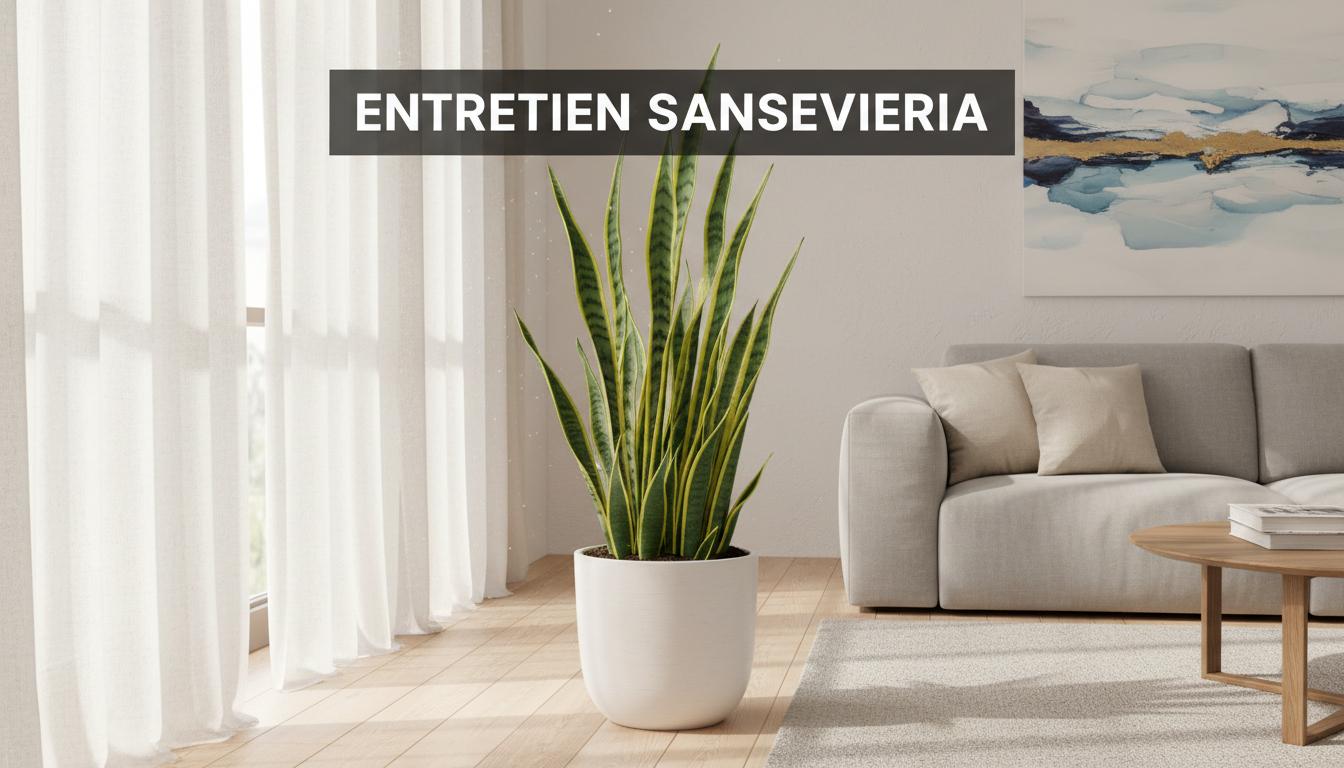 Grande Sansevieria Laurentii aux feuilles vertes avec bordures jaunes dans un pot blanc, placée dans un salon lumineux avec texte d'entretien.