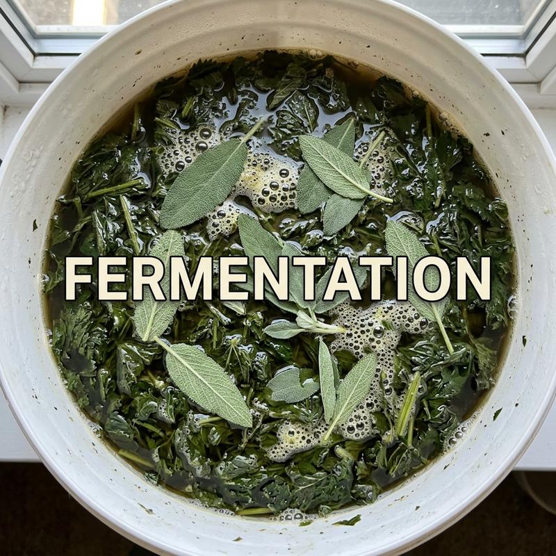 Vue plongeante d'un seau de fermentation anaérobie avec orties hachées, sauge et bulles naturelles, incluant l'inscription textuelle Fermentation.