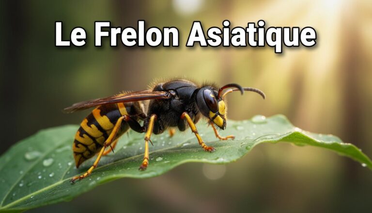 Frelon asiatique aux pattes jaunes et abdomen rayé posé sur une feuille verte, avec le texte Le Frelon Asiatique en superposition.