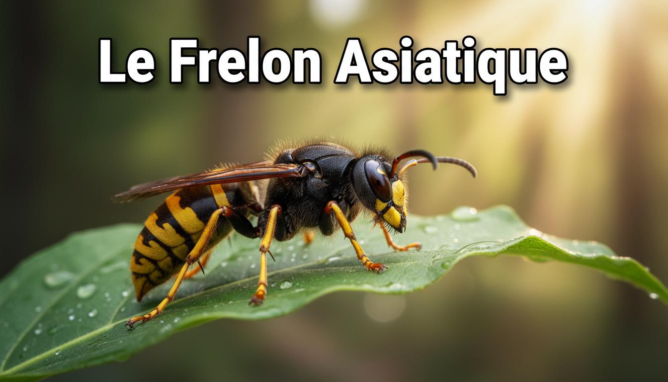 Frelon asiatique aux pattes jaunes et abdomen rayé posé sur une feuille verte, avec le texte Le Frelon Asiatique en superposition.