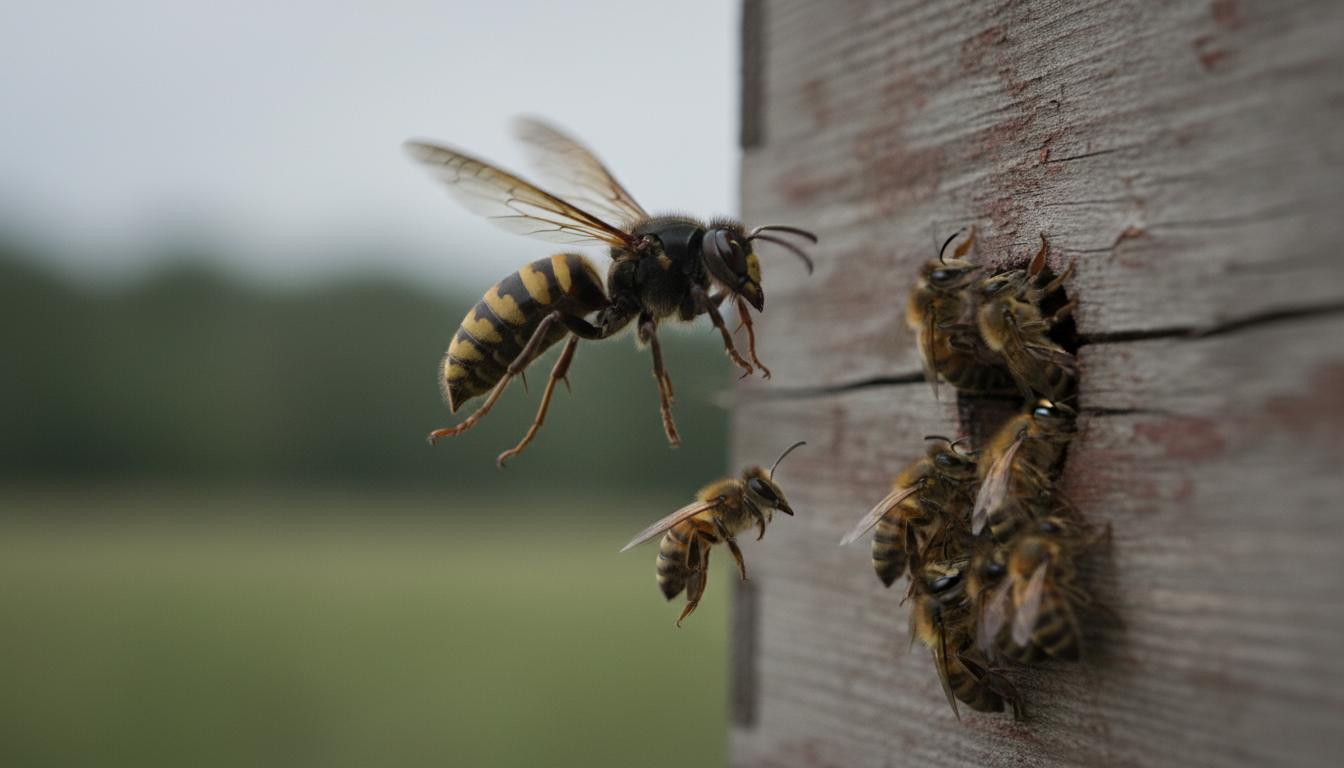 Frelon asiatique en vol stationnaire devant l'entrée d'une ruche en bois protégée par un groupe d'abeilles domestiques.