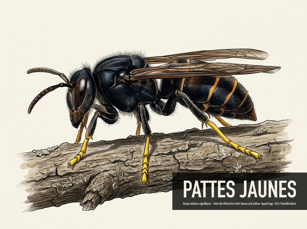 Illustration scientifique d'un frelon asiatique de profil soulignant son thorax noir, son abdomen sombre à bande jaune et ses pattes aux extrémités jaunes.