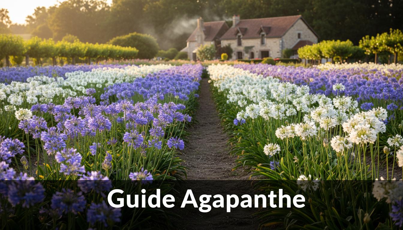 Massif d'agapanthes bleues et blanches dans un jardin ensoleillé avec une maison de campagne en arrière-plan et le titre Guide Agapanthe.