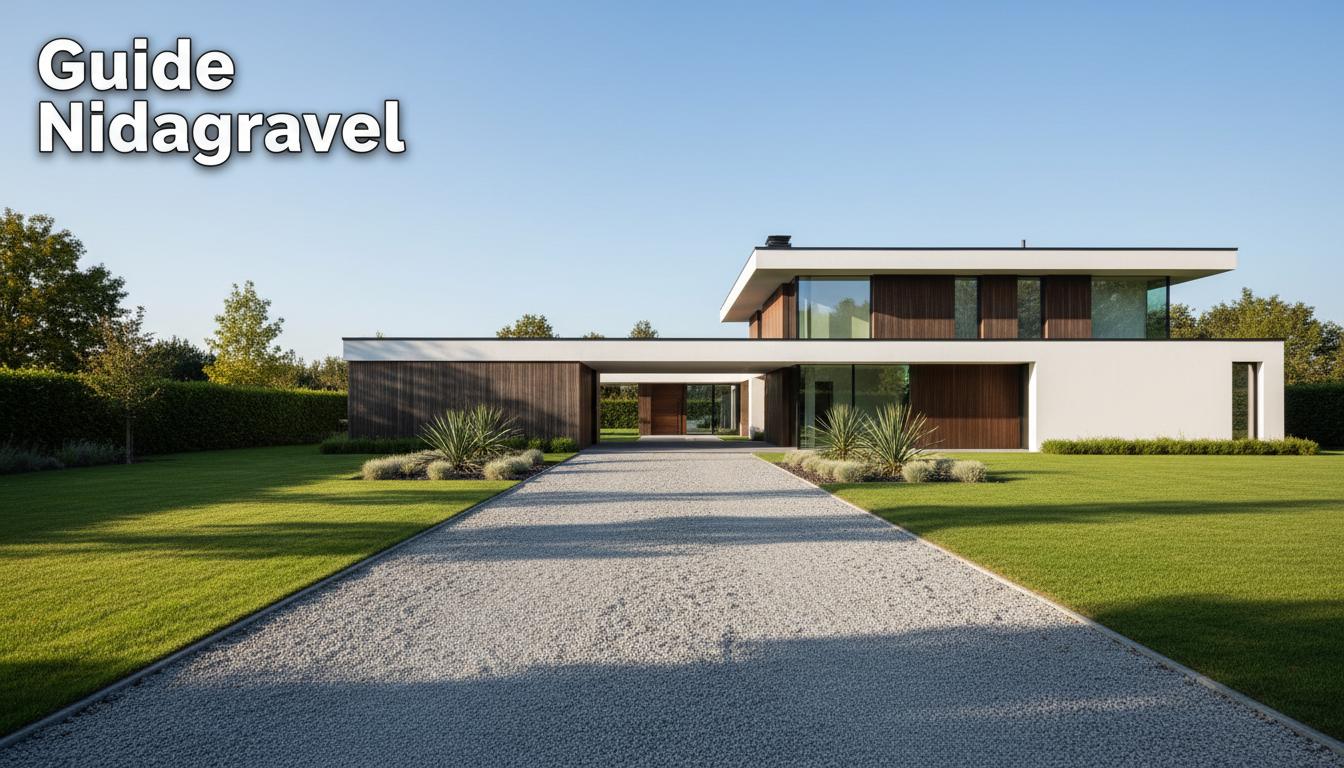 Large allée en gravier stabilisé menant à une villa moderne, bordée de gazon avec le texte Guide Nidagravel en surimpression.
