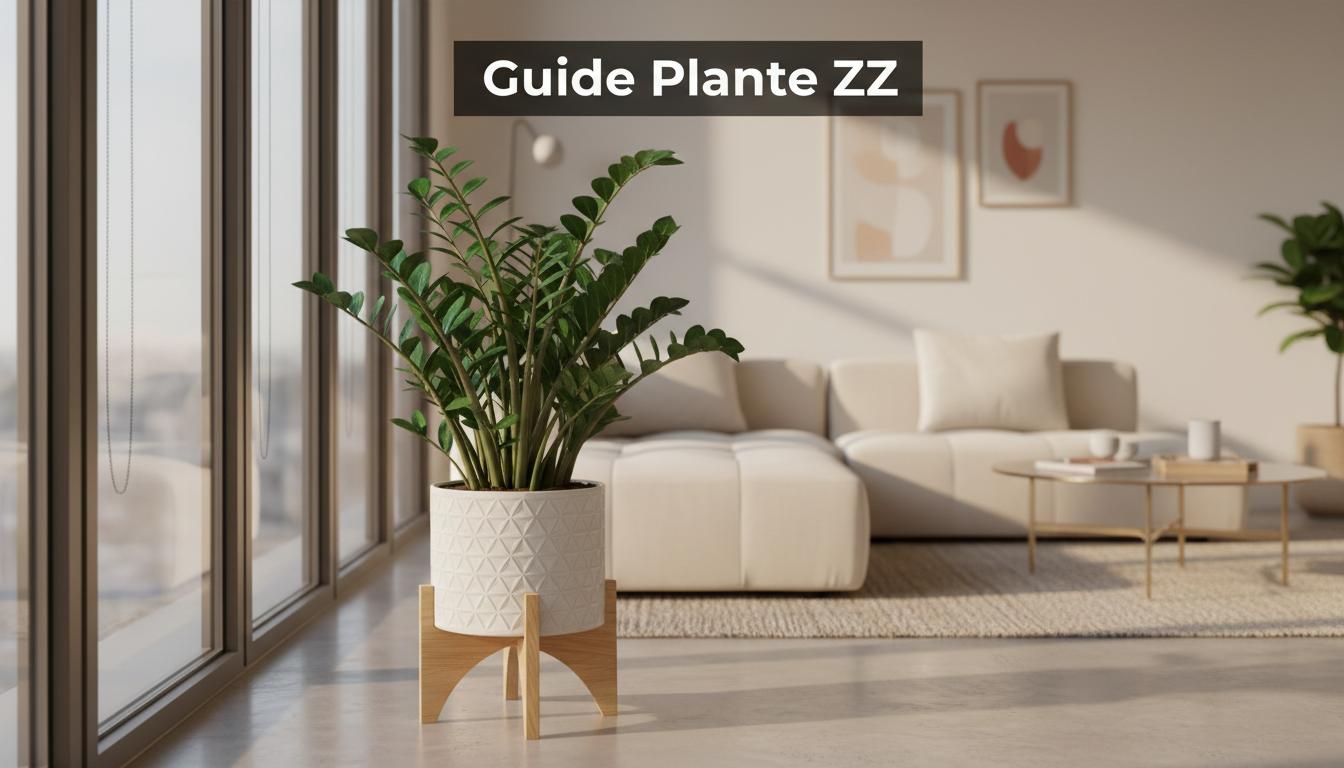 Plante ZZ dans un pot en céramique près d'une fenêtre ensoleillée d'un salon moderne, avec l'inscription Guide Plante ZZ en superposition.