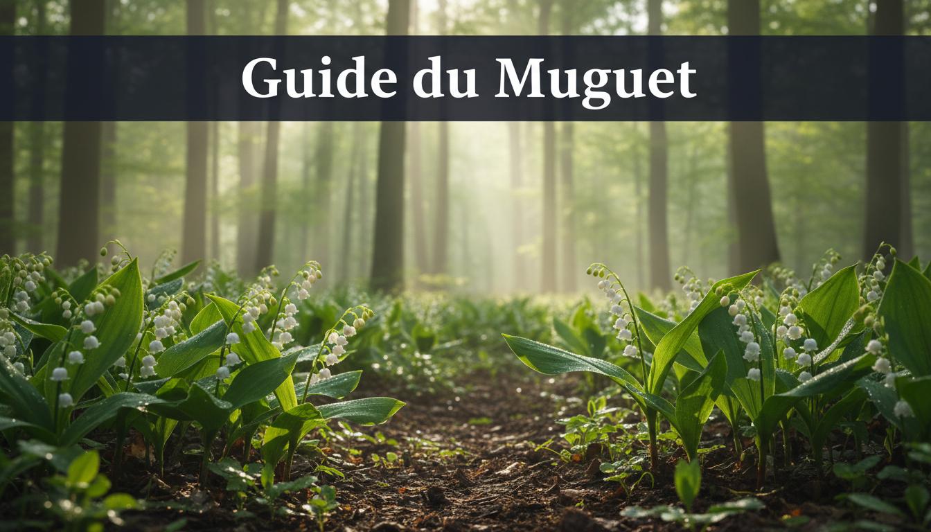 Brins de muguet blanc fleurissant dans le sous-bois d'une forêt printanière sous des rayons de soleil avec l'inscription Guide du Muguet.
