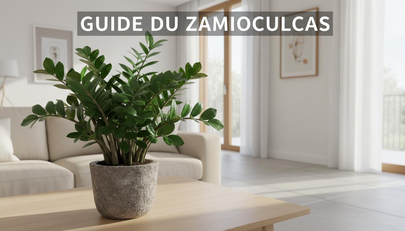 Zamioculcas aux feuilles luisantes dans un pot en pierre sur une table en chêne clair dans un salon lumineux avec le texte GUIDE DU ZAMIOCULCAS.