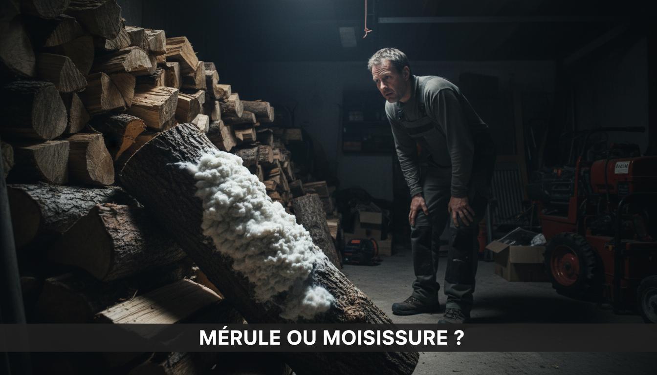 Propriétaire dans un garage sombre observant une bûche de bois couverte de champignon blanc cotonneux avec texte Mérule ou Moisissure.