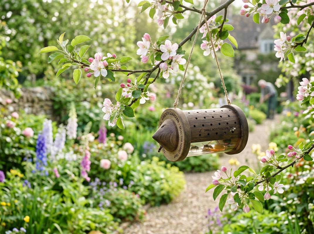 Piège à frelon sélectif en bois et matériaux transparents suspendu à une branche de pommier en fleurs dans un jardin printanier.