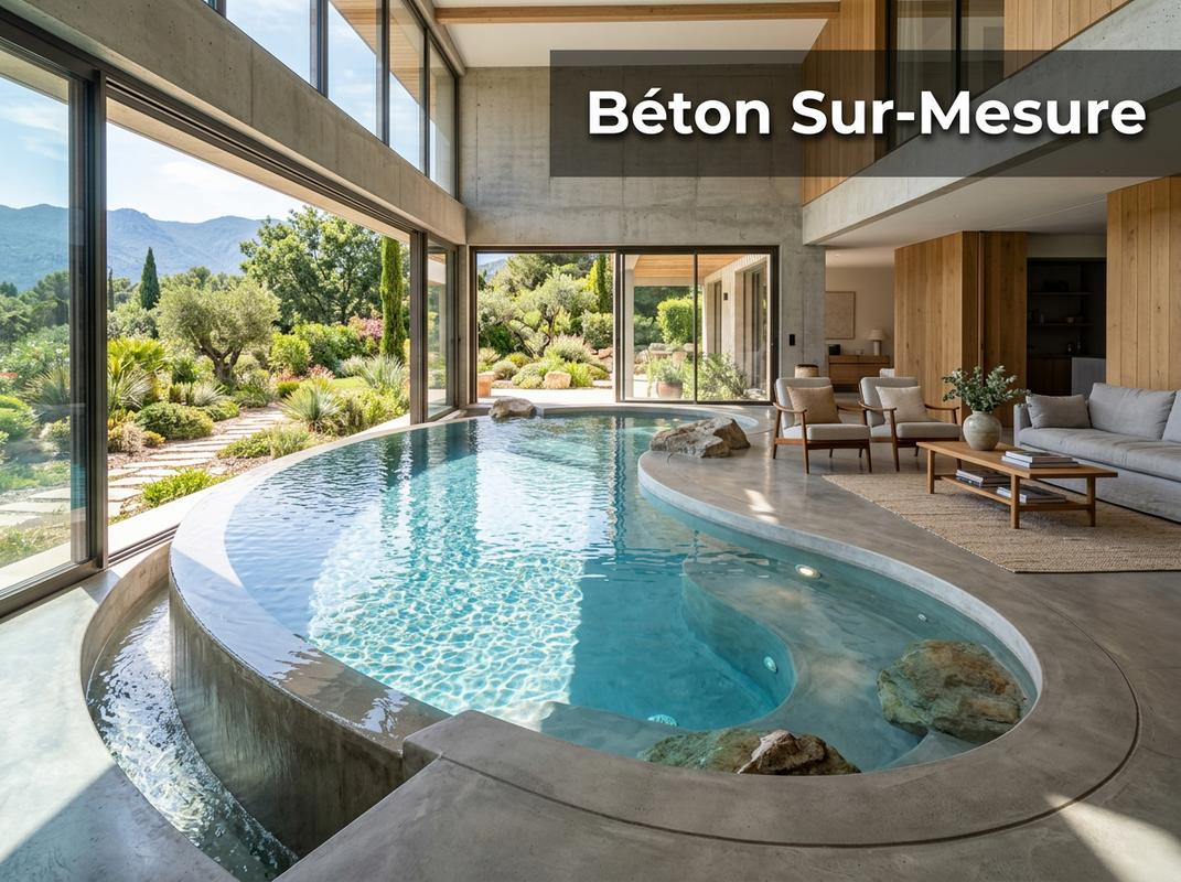 Piscine intérieure compacte au design géométrique avec terrasse en bois et texte Structure Modulaire dans une pièce moderne.
