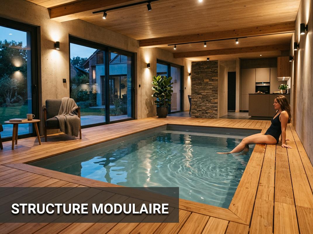 Gros plan d'une unité de filtration compacte intégrée à la paroi d'une piscine intérieure avec le texte Filtration Compacte en surimpression.