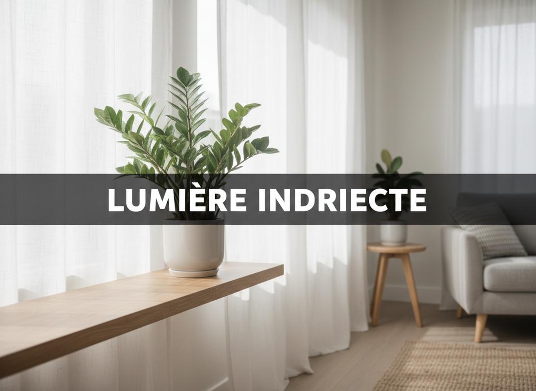 Une plante ZZ aux feuilles luisantes sur une étagère capte la lumière filtrée par des rideaux blancs avec l'inscription LUMIÈRE INDIRECTE en surimpression.
