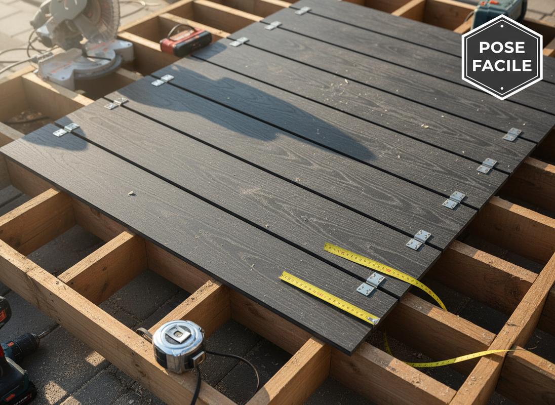 Vue en plongée d'une terrasse en bois composite sombre en cours d'installation sur des lambourdes avec un mètre ruban et un badge marqué Pose Facile.