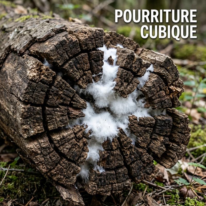 Bûche de bois montrant des fissures cubiques et du mycélium blanc cotonneux avec le texte Pourriture Cubique.