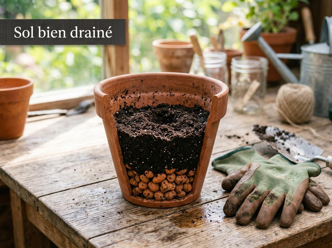 Coupe d'un pot en terre cuite montrant les billes d'argile et le terreau, avec un ruban indiquant Sol bien drainé.