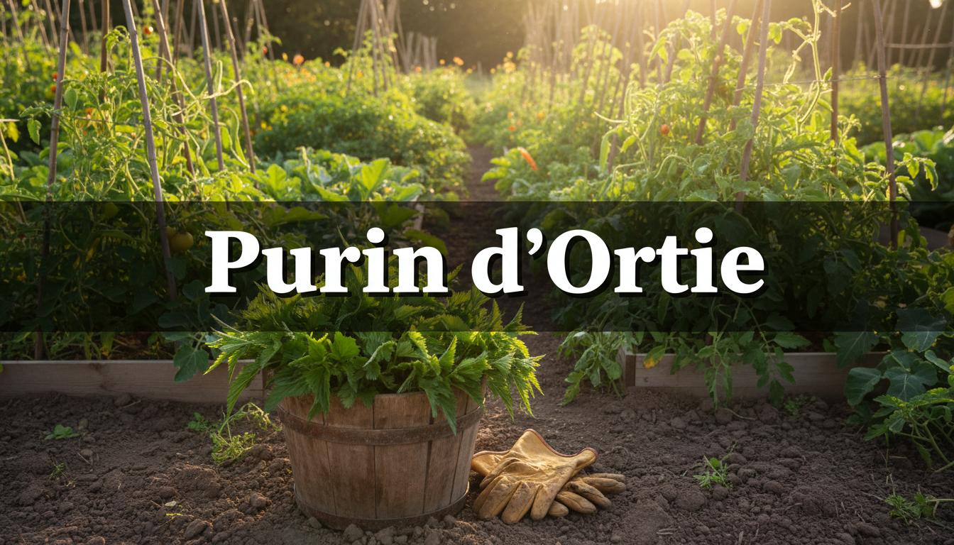 Seau rustique débordant d'orties fraîches et gants de jardinage dans un potager ensoleillé, avec l'inscription Purin d'Ortie.