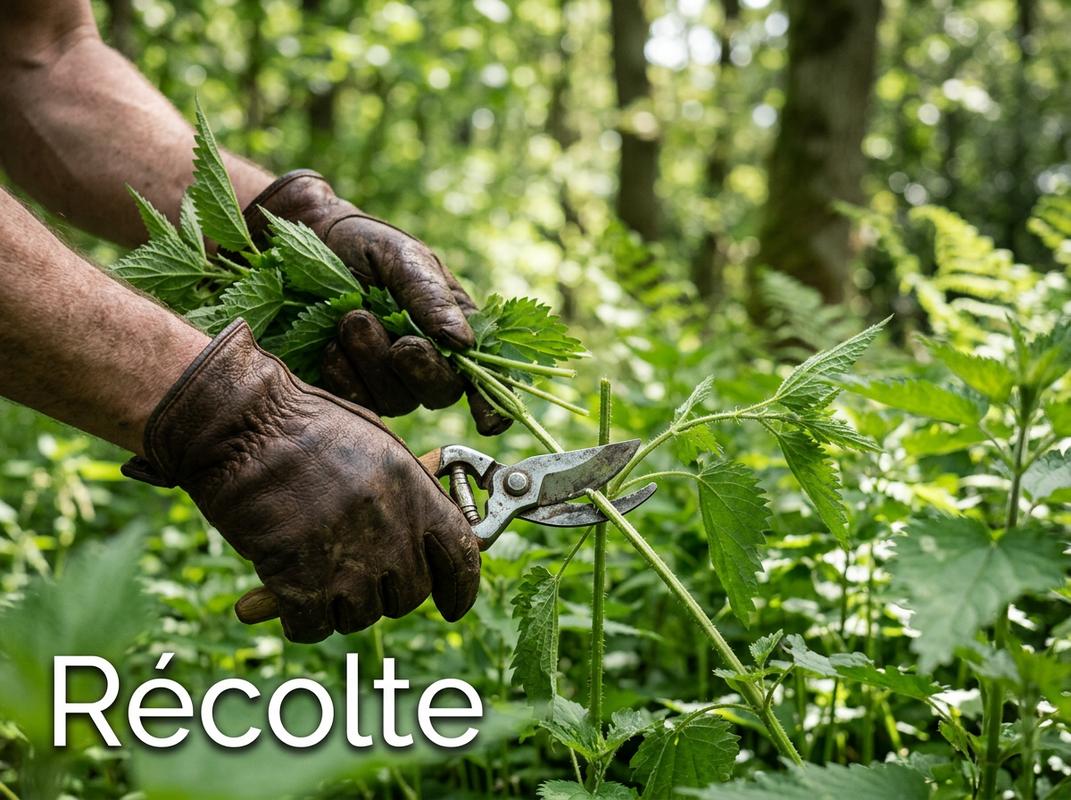 Mains de jardinier en gants de cuir coupant des tiges d'orties fraîches au sécateur, avec le texte Récolte en surimpression.