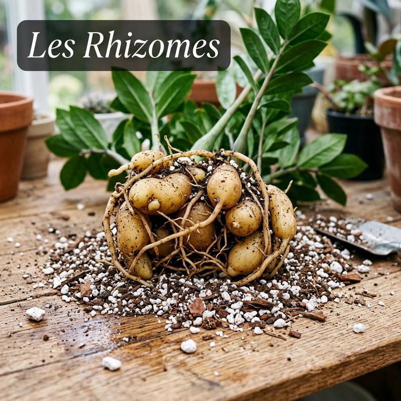 Rhizomes de Zamioculcas posés sur du terreau avec l'inscription Les Rhizomes en superposition sur un fond sombre transparent.