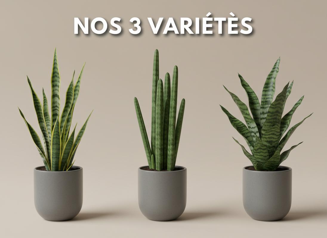 Trois variétés de sansevieria en pots gris : Laurentii aux bords jaunes, Cylindrica à feuilles cylindriques, Trifasciata marbrée, devant un fond beige.