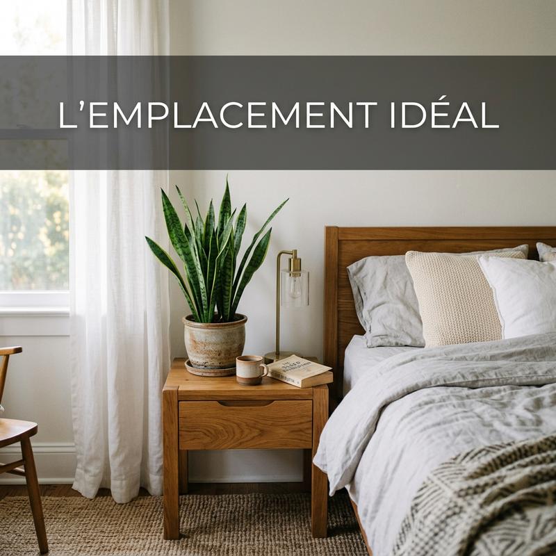 Plante Sansevieria posée sur une table de chevet en bois dans une chambre lumineuse avec le texte L'EMPLACEMENT IDÉAL en surimpression.