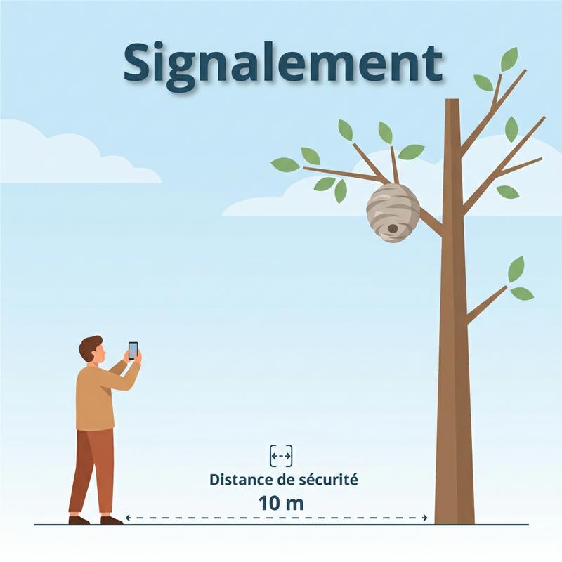 Illustration vectorielle d'une personne prenant en photo avec un smartphone un nid sphérique de frelons dans les branches d'un arbre avec le texte Signalement.