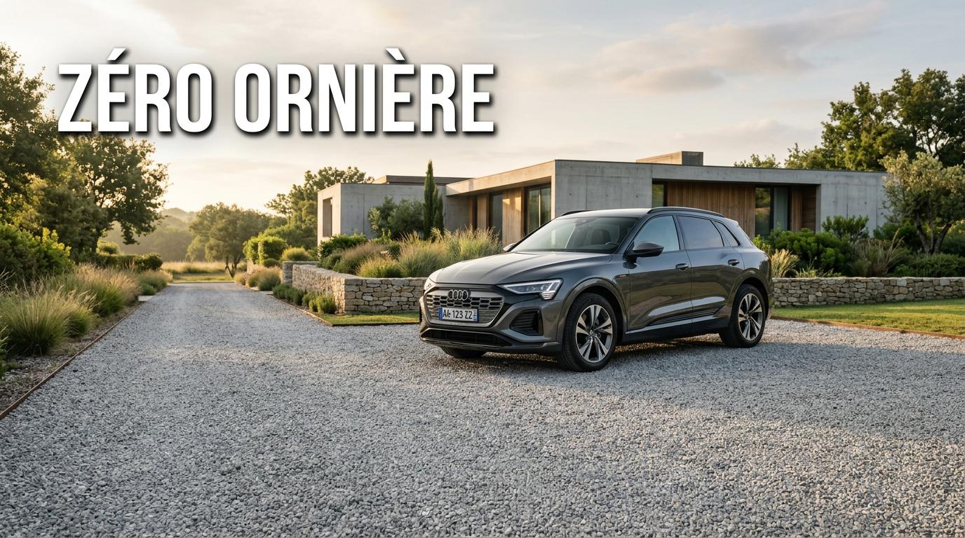 SUV moderne stationné sur une surface en gravier stabilisé sans aucune trace de pneus sous une douce lumière matinale.