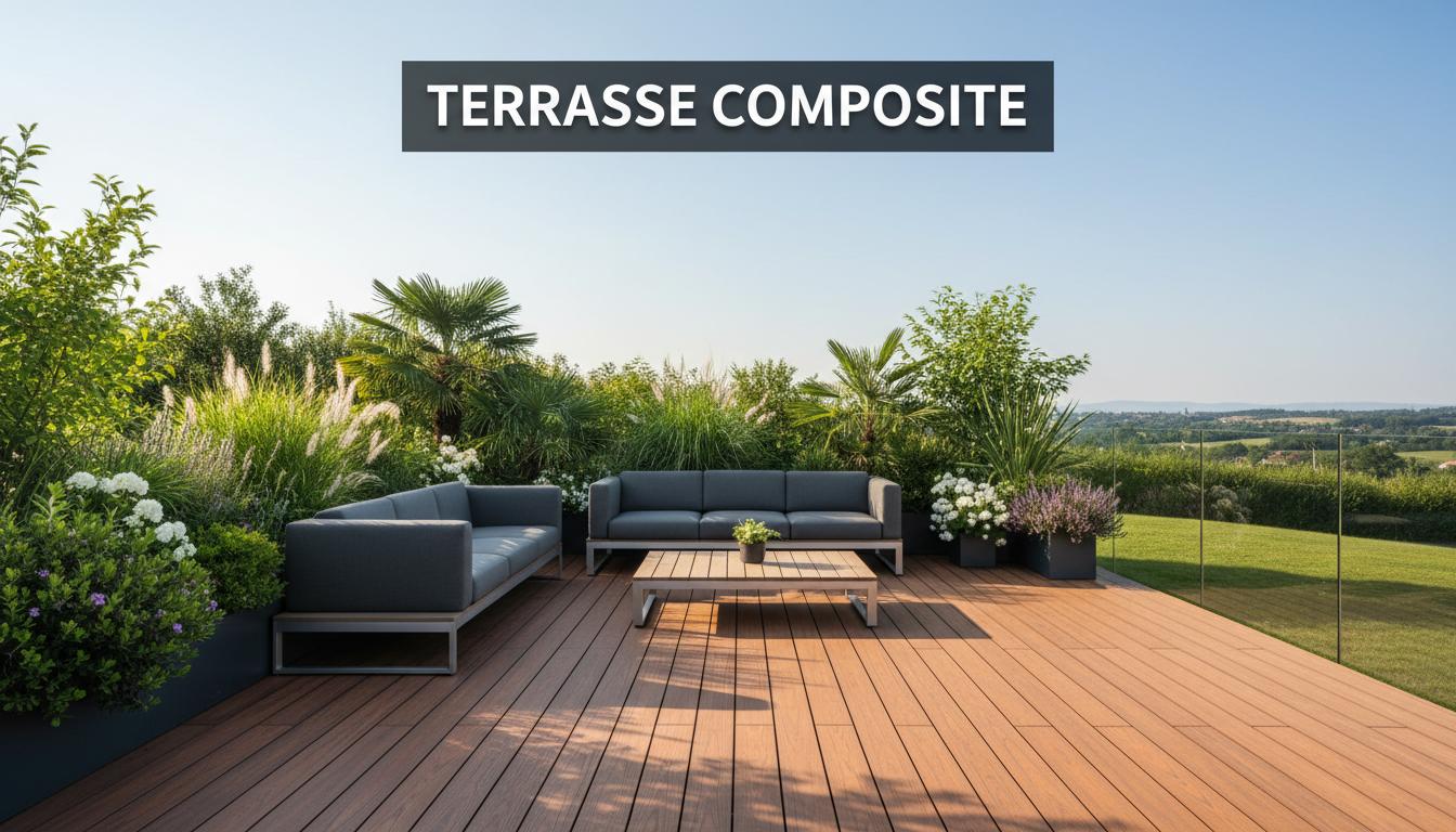 Terrasse luxueuse en bois composite moderne avec salon de jardin design sous un ciel d'été, avec le texte Terrasse Composite.