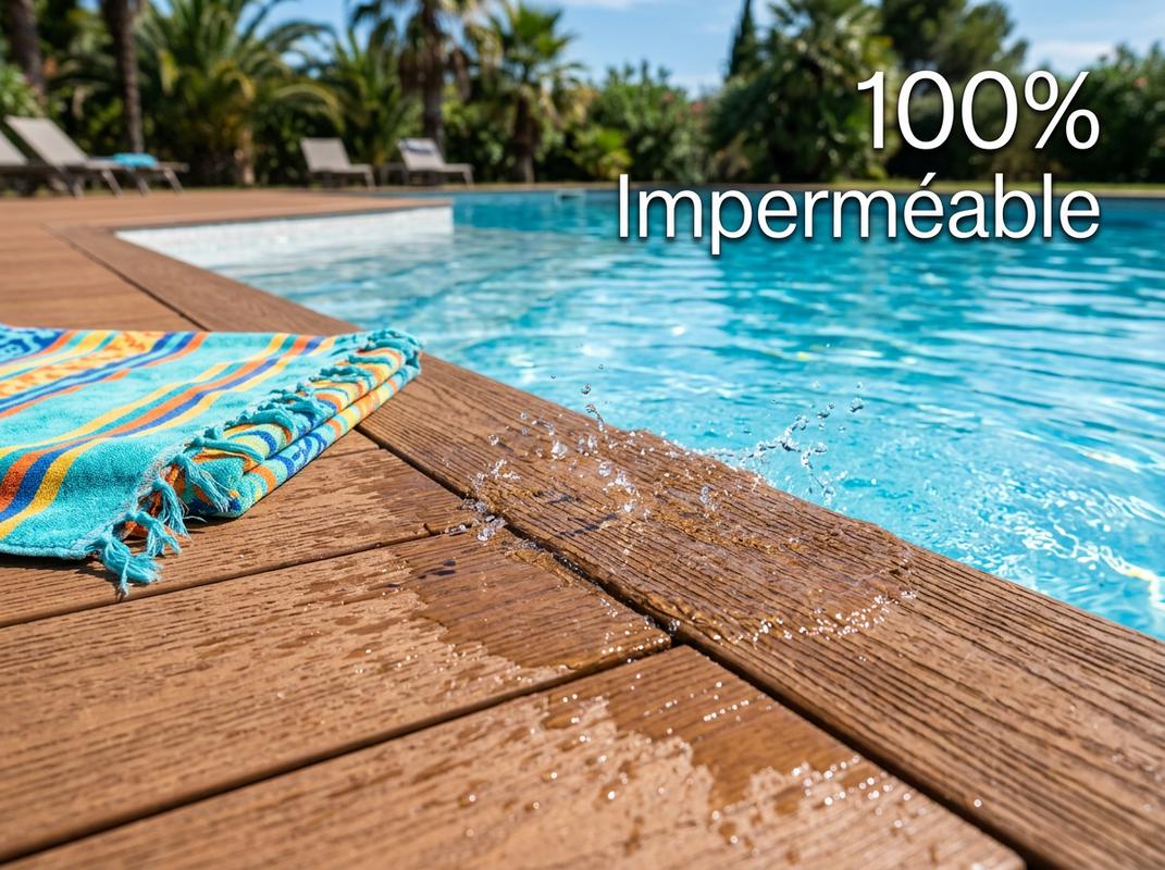 Lames de terrasse composite co-extrudées au bord d'une piscine avec eau scintillante et texte 100% Imperméable.