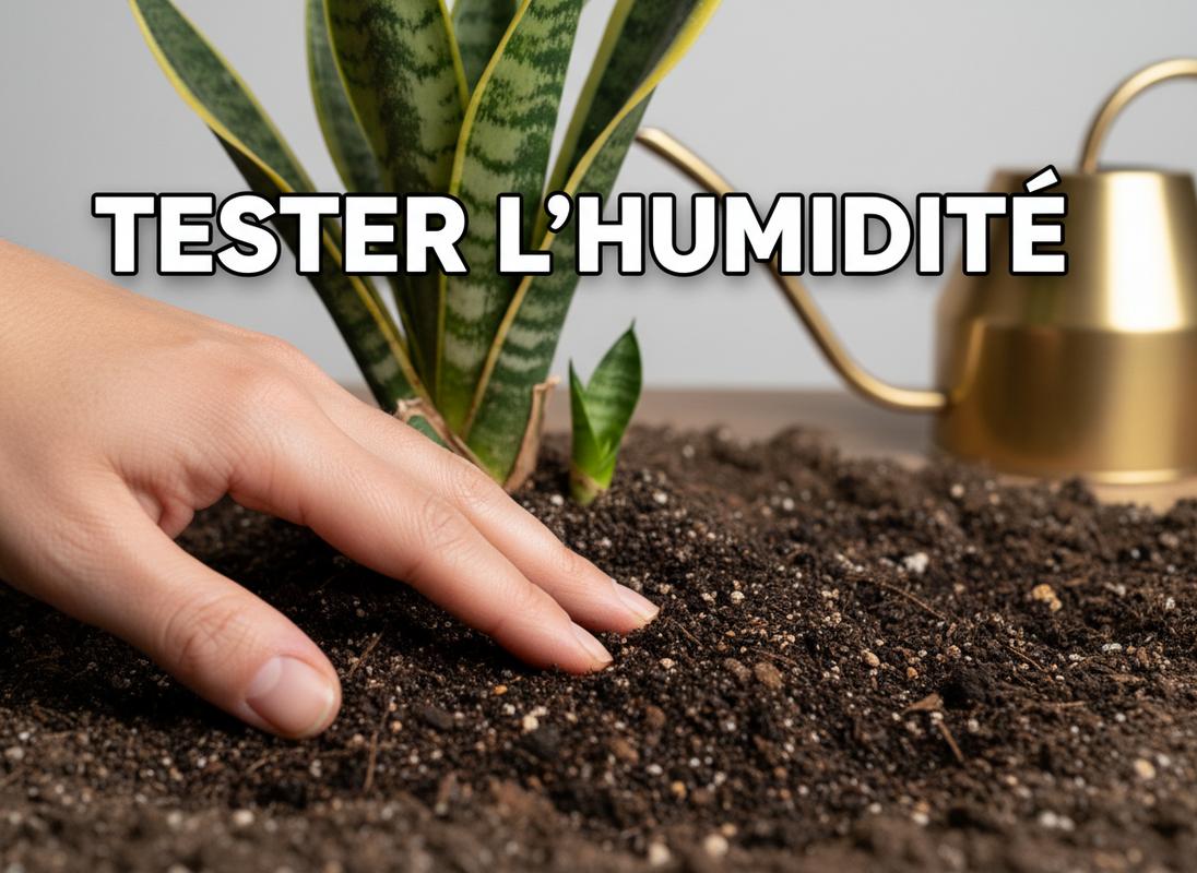 Une main touche le terreau sombre et granuleux d'une plante Sansevieria devant un arrosoir en métal avec l'inscription TESTER L'HUMIDITÉ.