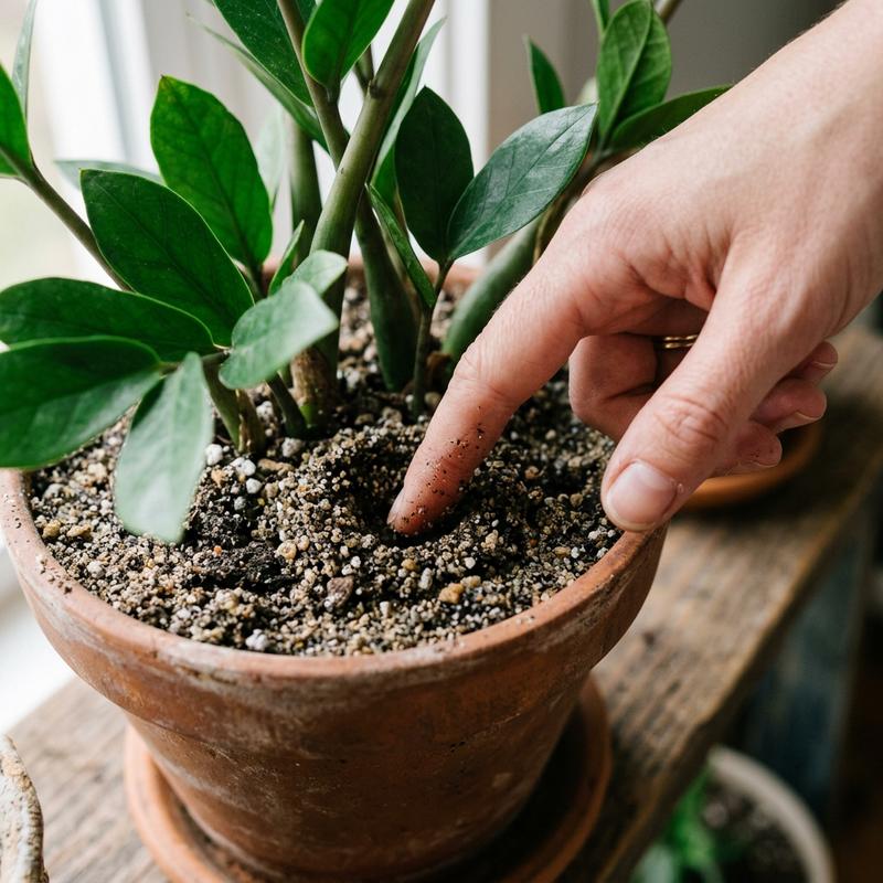 Un index s'enfonce dans le terreau sableux et drainant d'une plante ZZ pour vérifier le niveau d'humidité du substrat.