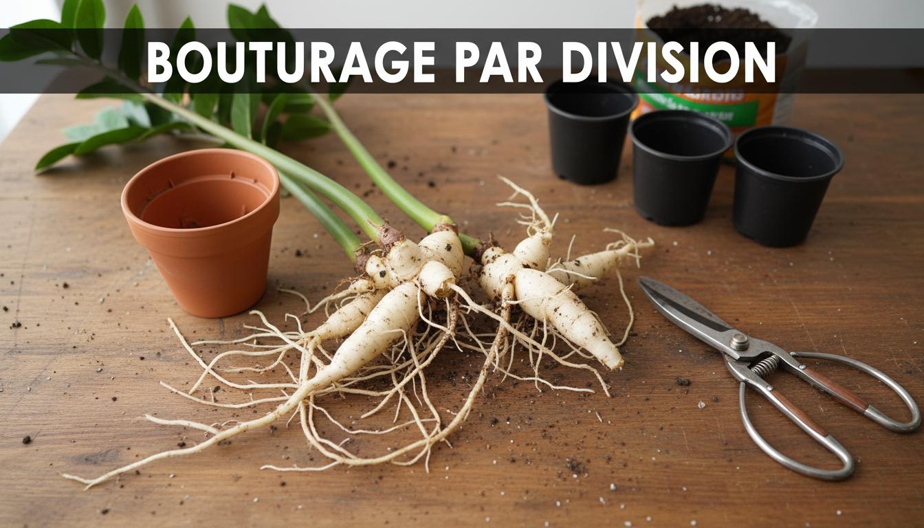 Une plante ZZ aux rhizomes charnus semblables à des pommes de terre est divisée sur un établi en bois avec un sécateur et le texte Bouturage par division.