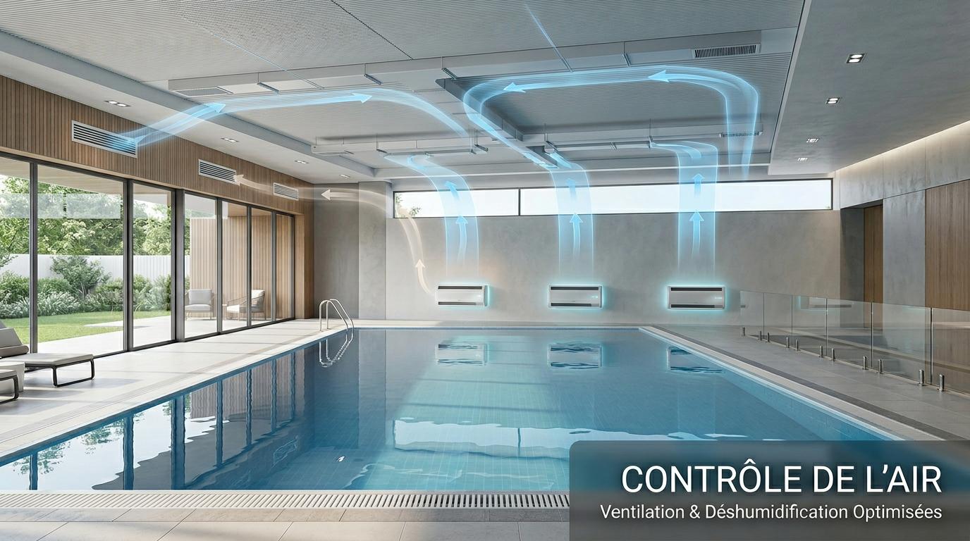 Piscine intérieure en béton aux formes libres avec débordement à l'infini dans un salon moderne lumineux, incluant le texte Béton Sur-Mesure.
