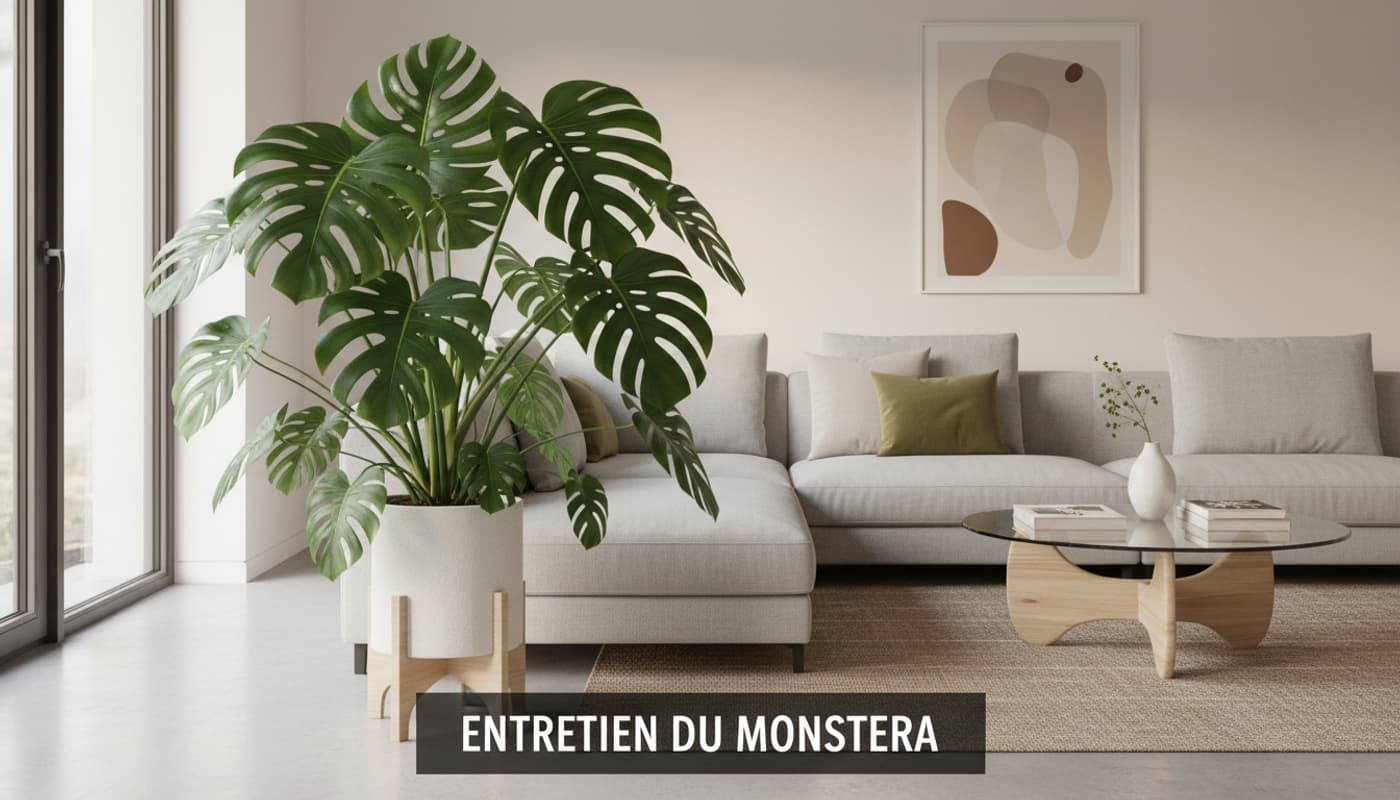 Monstera en bonne santé placé près d'une fenêtre avec lumière douce et voilage