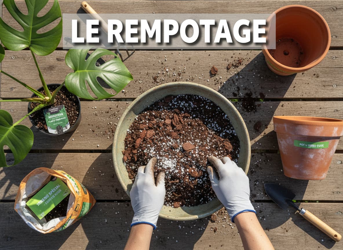 Rempotage de Monstera dans un pot percé avec mélange de terreau et perlite