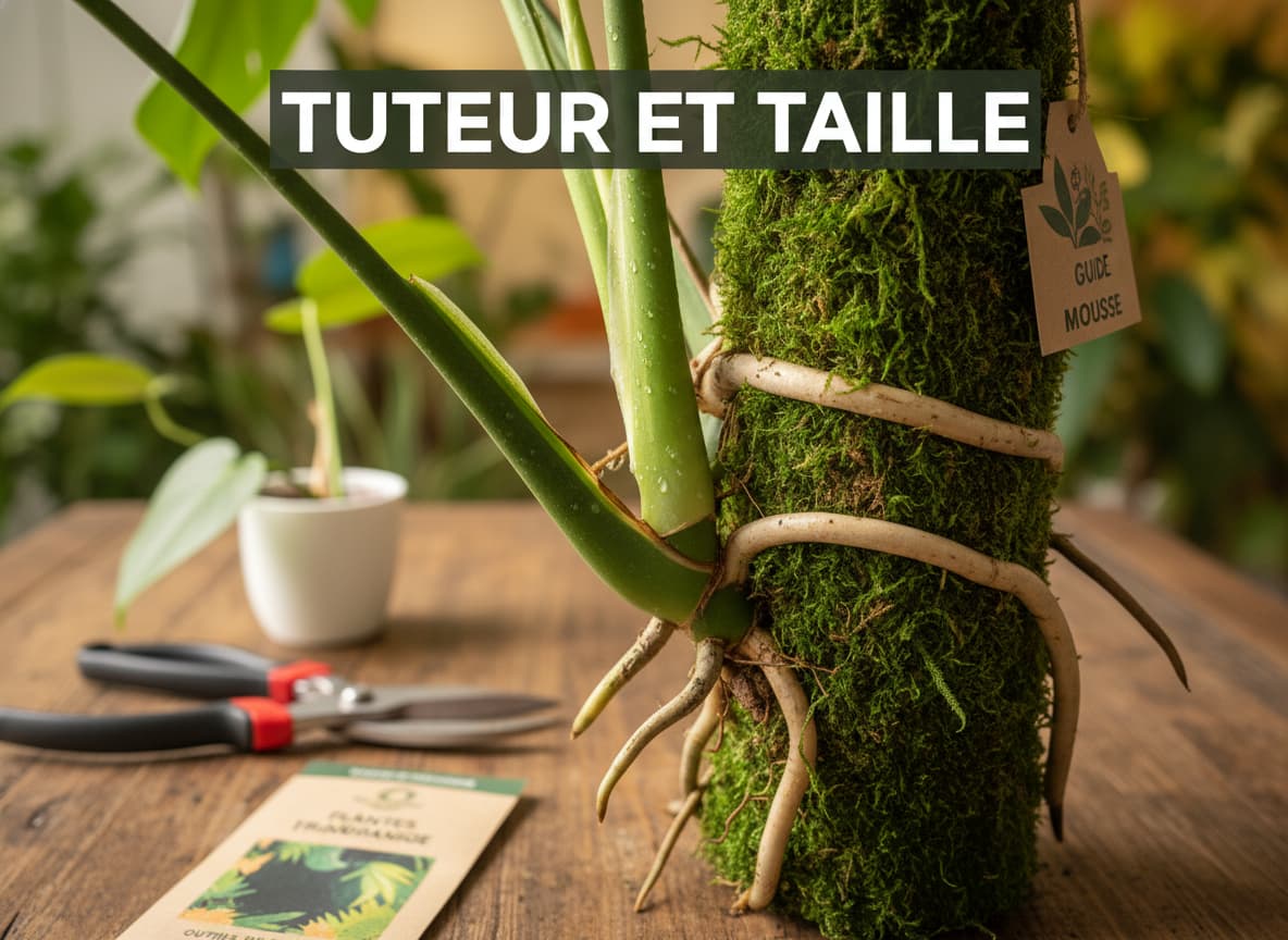 Monstera tuteuré avec des liens souples et feuillage bien développé