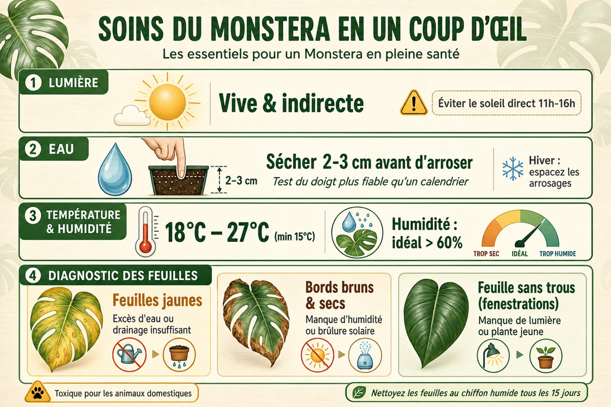 Infographie guide visuel entretien Monstera : lumière, eau, température et diagnostic feuilles