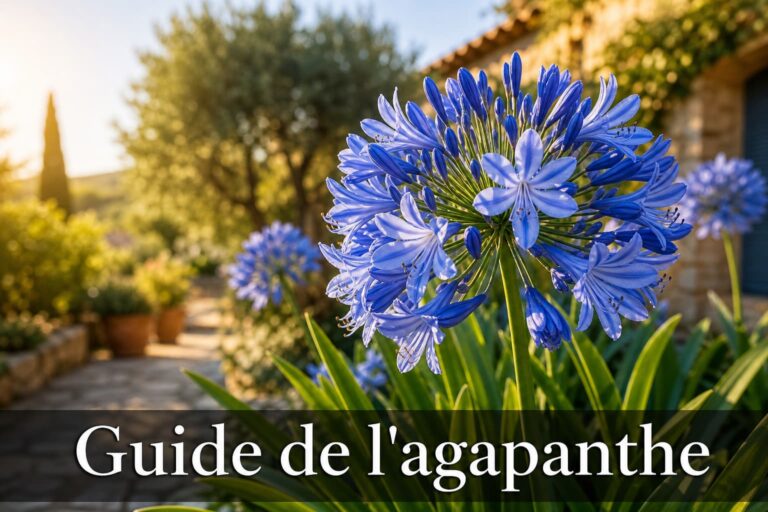 Agapanthe bleue en pleine floraison avec ombelles sphériques et feuilles en lanières, baignée de lumière dorée, sur fond de jardin méditerranéen flou, et un bandeau semi-transparent sombre en bas affichant 'Guide de l'agapanthe' en ombre portée.