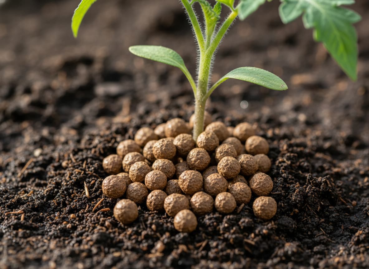 Granulés bruns d'engrais organique déposés sur le sol sombre et humide au pied d'un jeune plant de tomate, sous une lumière naturelle douce.