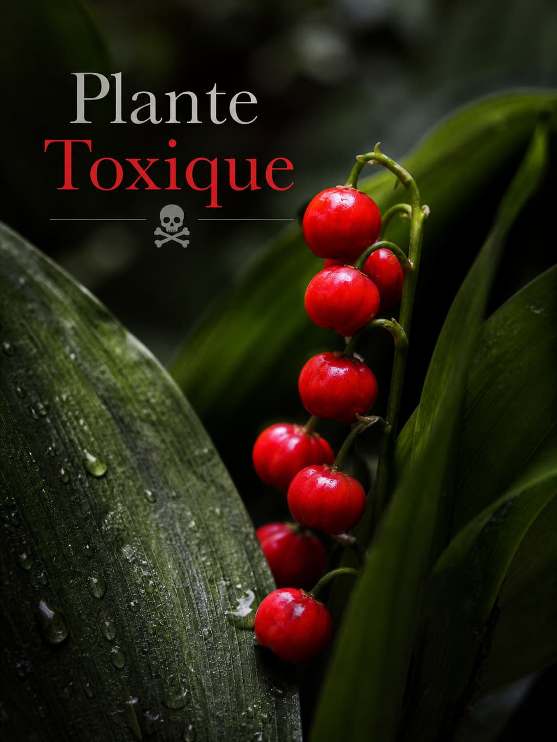 Gros plan sur des baies rouge vif de muguet sur fond flou, sous un éclairage sombre et dramatique, avec le texte superposé